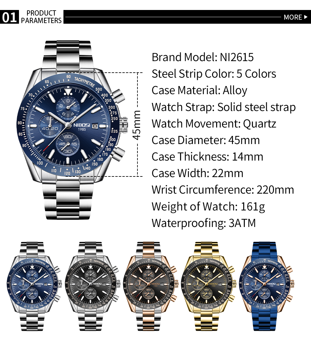 Nibosi Trackmaster Rose Gold Silver Brown Steel - 3