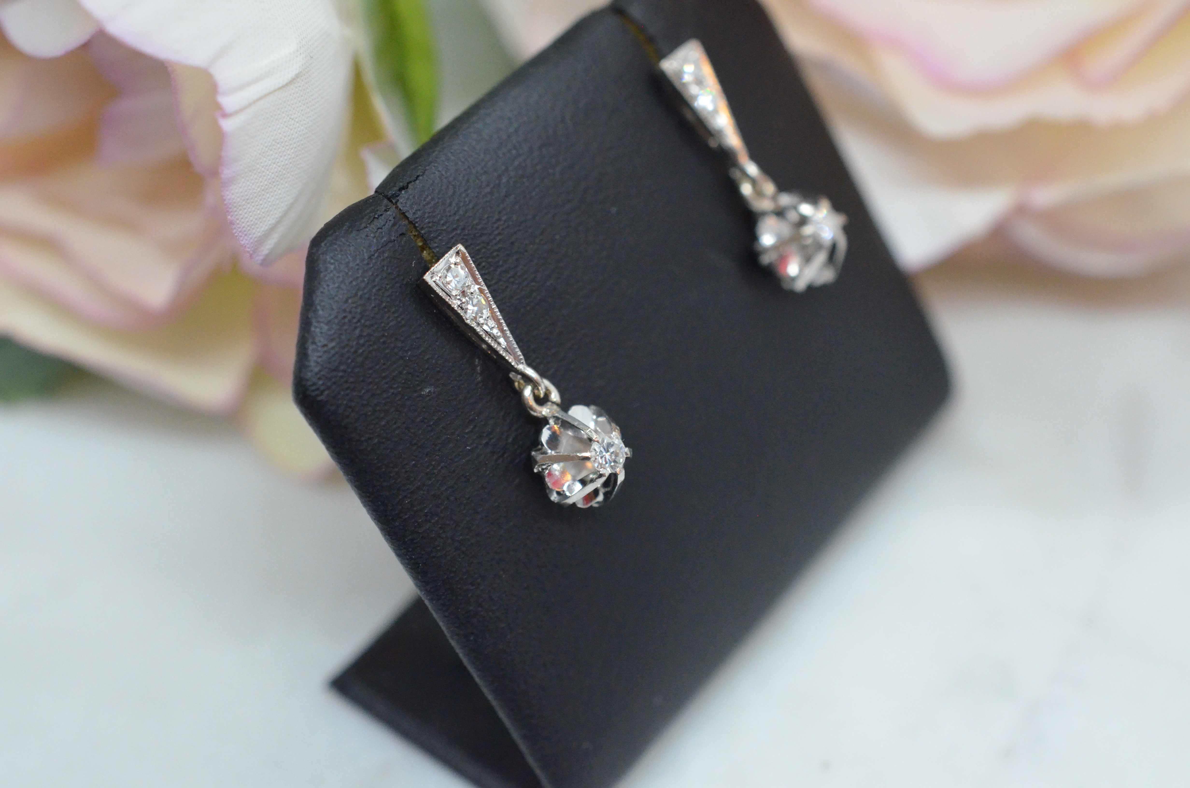 Vintage 18k diamantörhängen i vitguld - 2