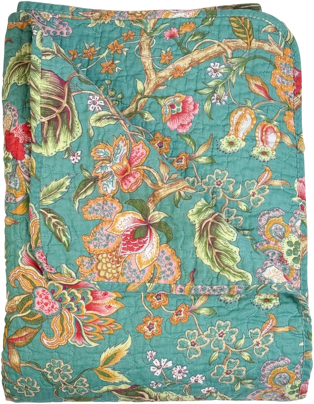 Överkast Tree of Life Vintage lantlig stil quiltat blommor turkos bomull enkelsäng 