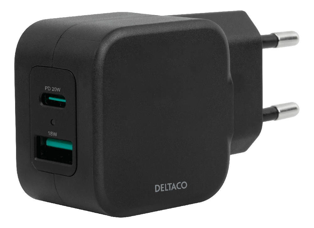 Deltaco USB-väggladdare, USB-A & USB-C Power Delivery 20 W, svart