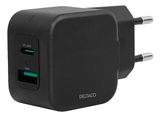 Deltaco USB-väggladdare, USB-A & USB-C Power Delivery 20 W, svart