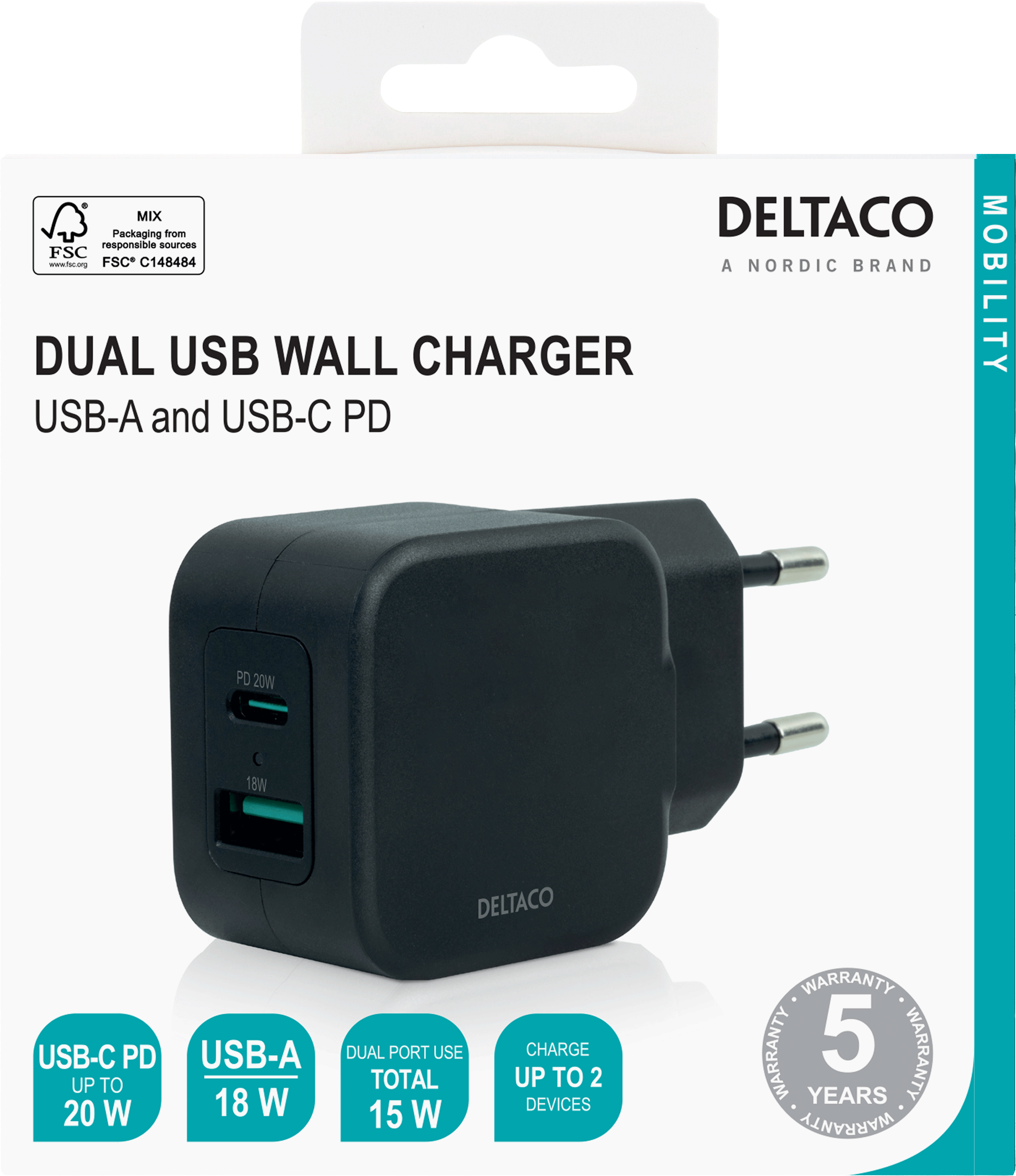 Deltaco USB-väggladdare, USB-A & USB-C Power Delivery 20 W, svart - 2
