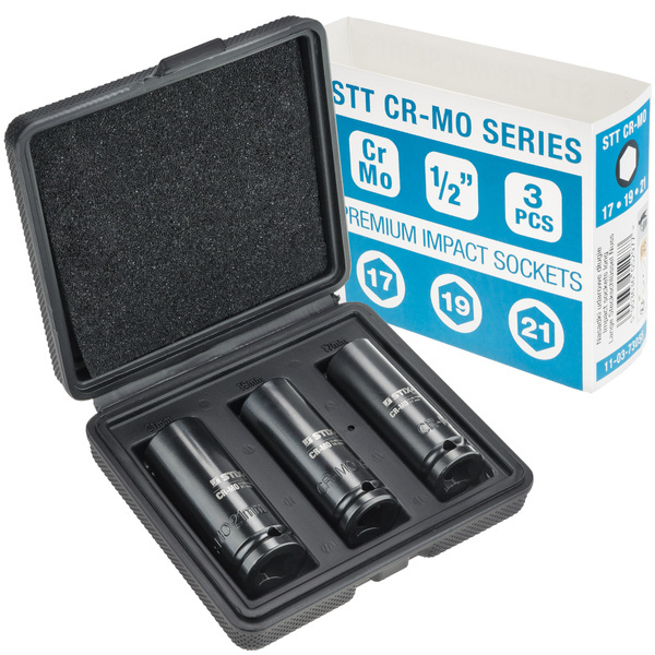 STIX krafthylsesats, set om 3st Långa 1/2ˮ hylsor 17, 19,21m