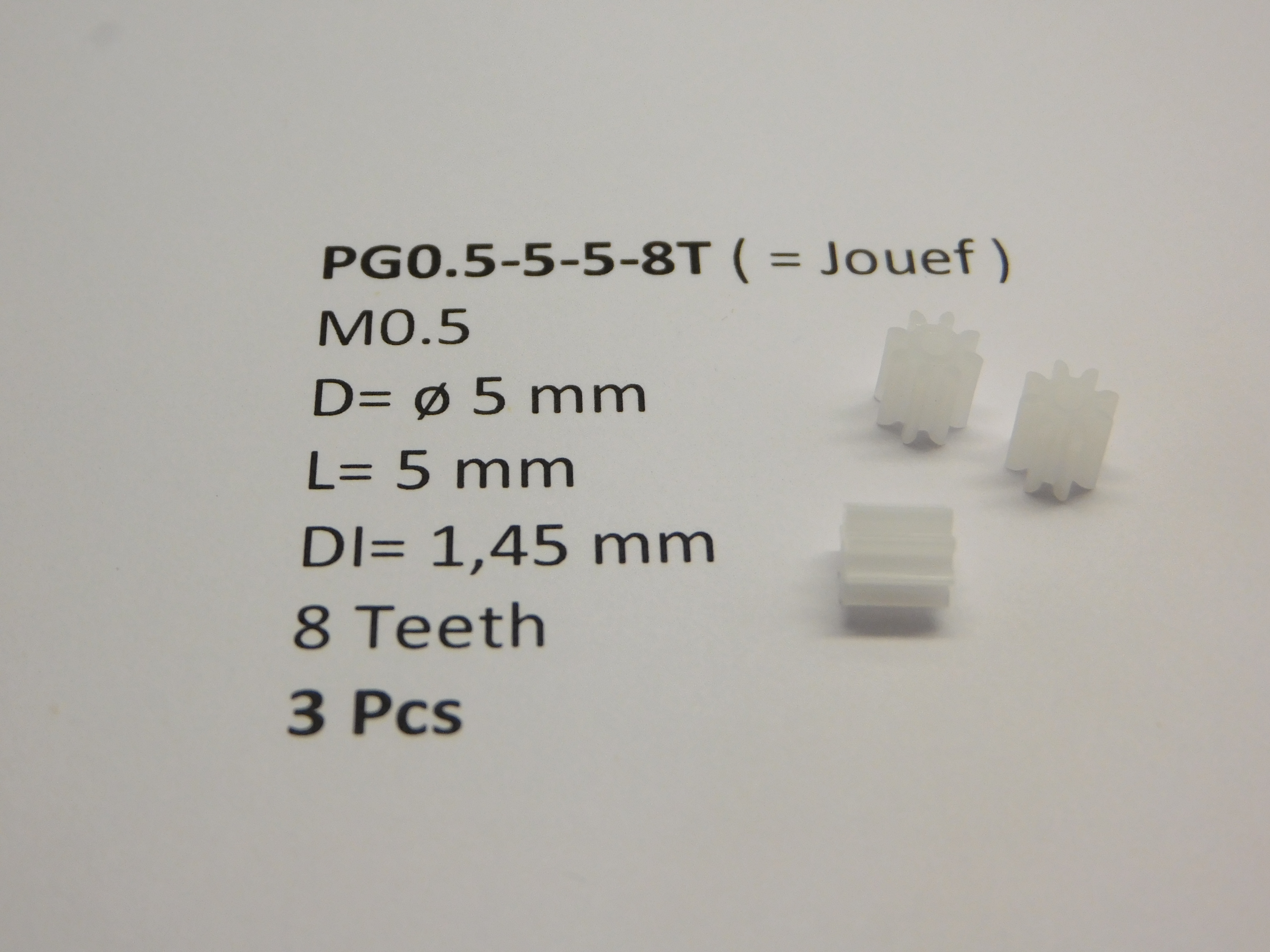 Drev i plast M0.5 D=ø5 L=5 DI=1.45 mm 8T (3st)