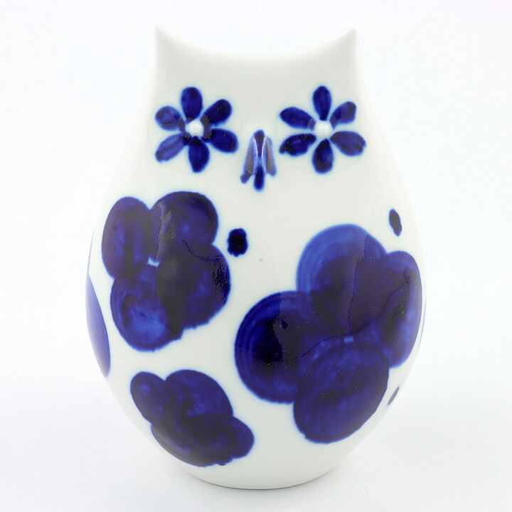 Sylvia Leuchovius (1960s) White Owl with Hand-Painted Blue Decor 14 cm (2)