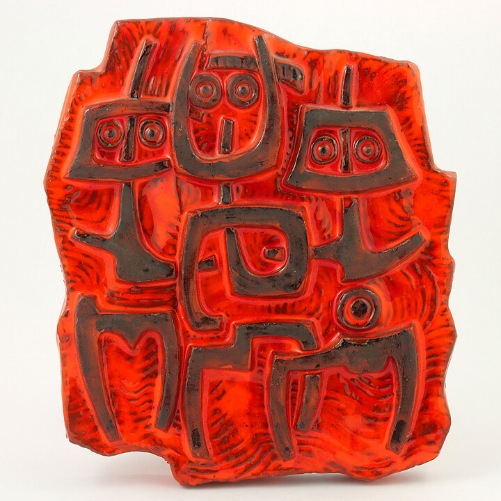 Lars Bergsten (1960s) Orange Relief Wall Plaque with Stylistic People Motif 25 cm
