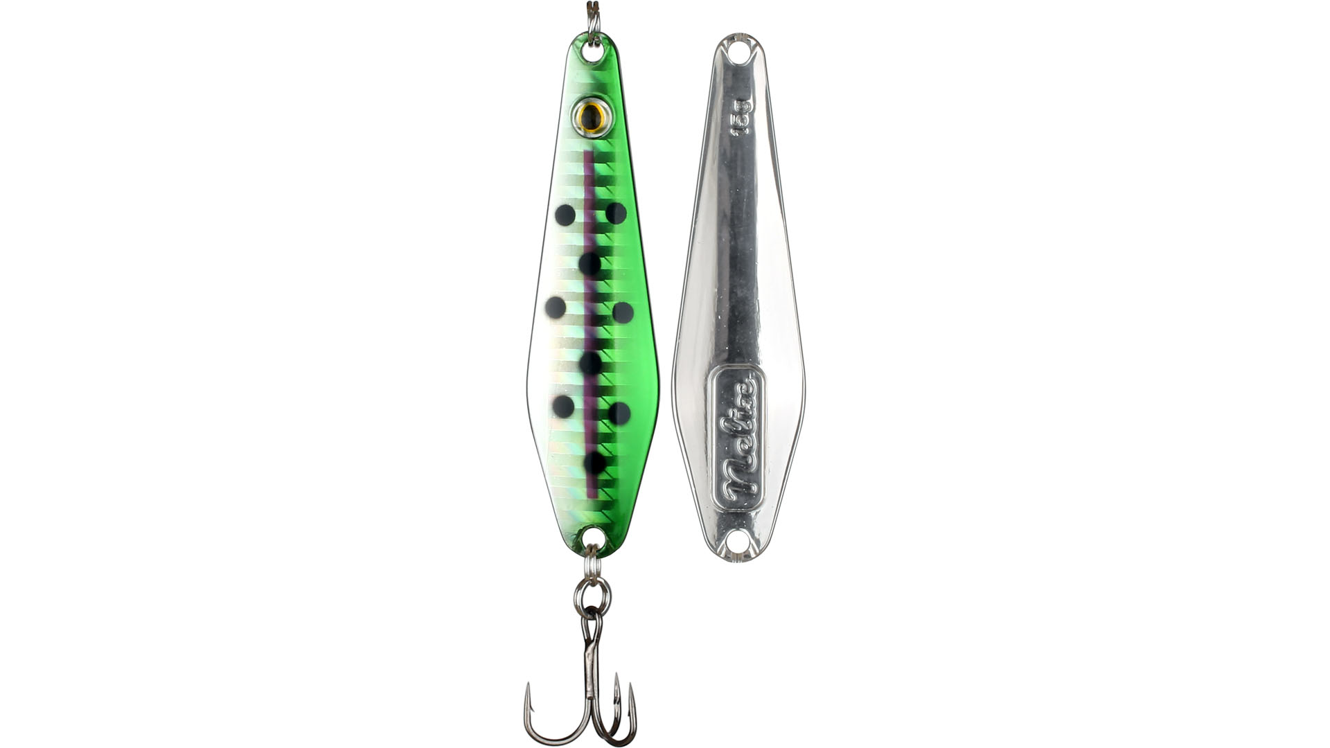 Small spoon pull from wiggler perfect for trout char and rainbow trout - green spotted