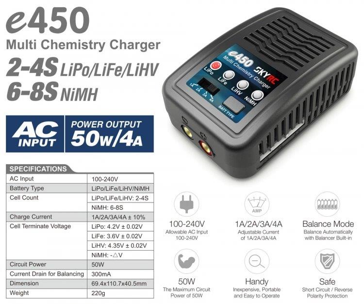 SkyRC e450 Laddare LiPo/LiFe/LiHV 2-4S,NiMH 6-8 50W 240VAC - 3