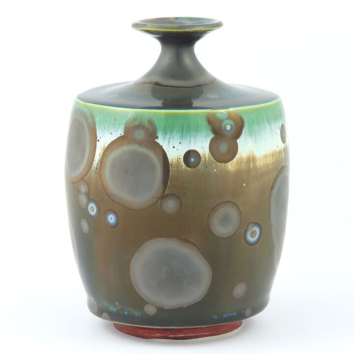 イサク・イサクソン  一点もの  茶/緑色の結晶釉のベース  (14cm)  2020年