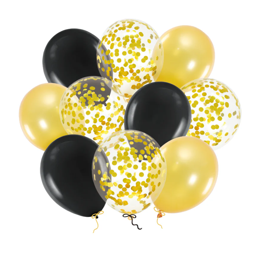 Ballongbukett - Guld, svart & konfetti (10-pack)