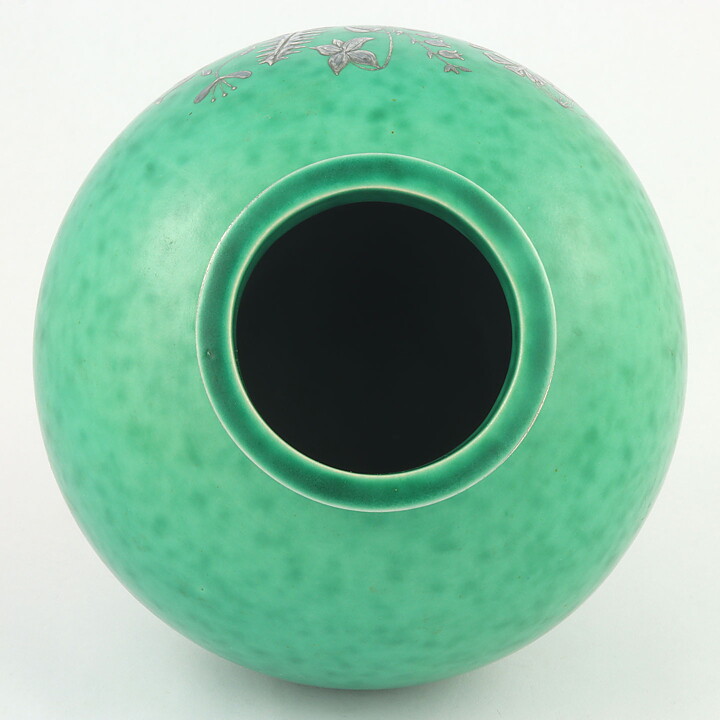 Wilhelm Kåge (Argenta 1938) Green Spherical Vase with Silver Decor 13 cm