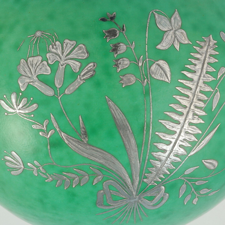Wilhelm Kåge (Argenta 1938) Green Spherical Vase with Silver Decor 13 cm