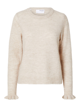 SLFLULU LS KNIT FRILL CUFF O-NECK NOOS Birch MELANGE