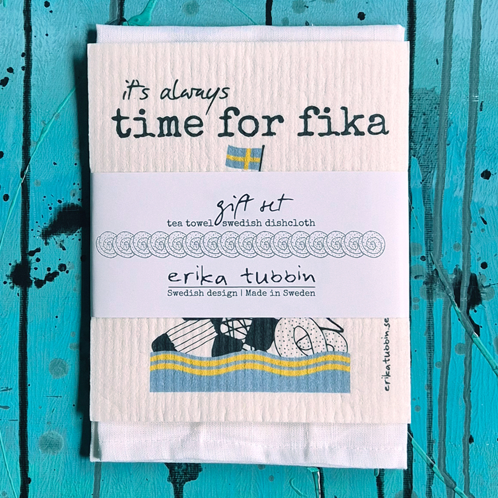 gåvoset ALWAYS FIKA kökshandduk + disktrasa 