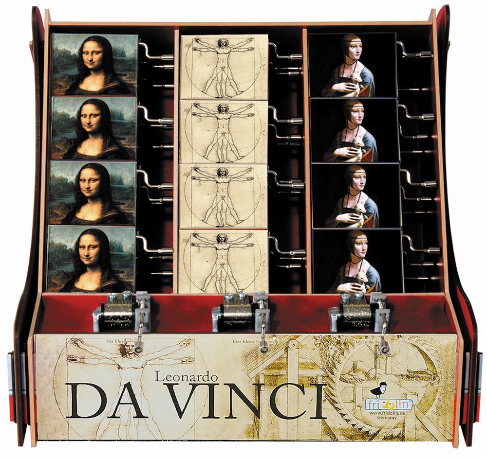 Spilledåser, Art & Music Box-display, Da vinci, Borddisplay med 36 stk. TEMA-produkt.