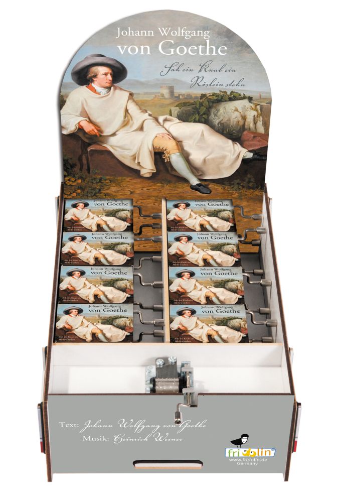 Spilledåser, Art & Music Box-display, Johann Wolfgang von Goethe, Sah ein Knab ein Röslein stehen, Borddisplay med 16 stk.+1 stk. demo. TEMA-Produkt