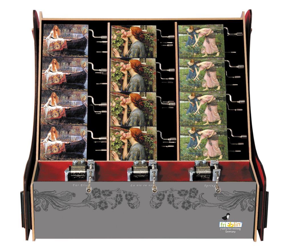 Spilledåser, Art & Music Box-display, Prærafaelitterne, Borddisplay med 36 stk.+3 stk. demo. TEMA-produkt