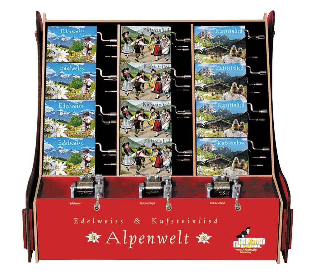 Spilledåser, Art & Music Box-display, World of the Alps, Borddisplay med 36 stk.+3 stk. demo. TEMA-produkt