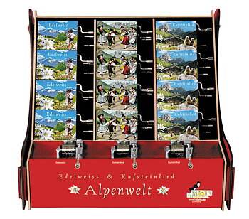 Spilledåser, Art & Music Box-display, World of the Alps, Borddisplay med 36 stk.+3 stk. demo. TEMA-produkt