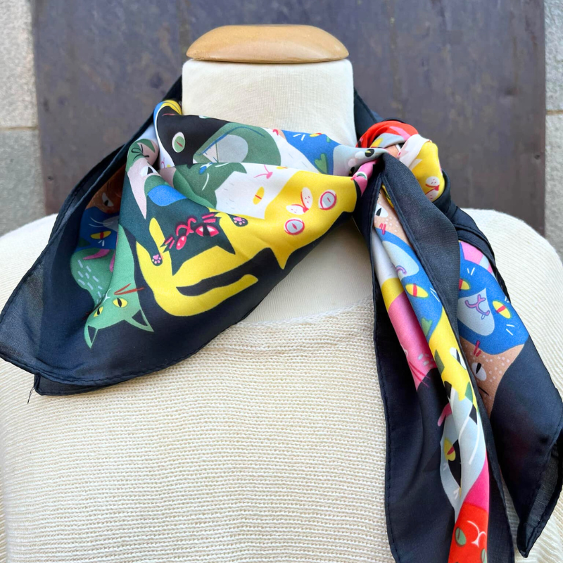 Satinscarf -Kattmönster - Fyrkant - 2