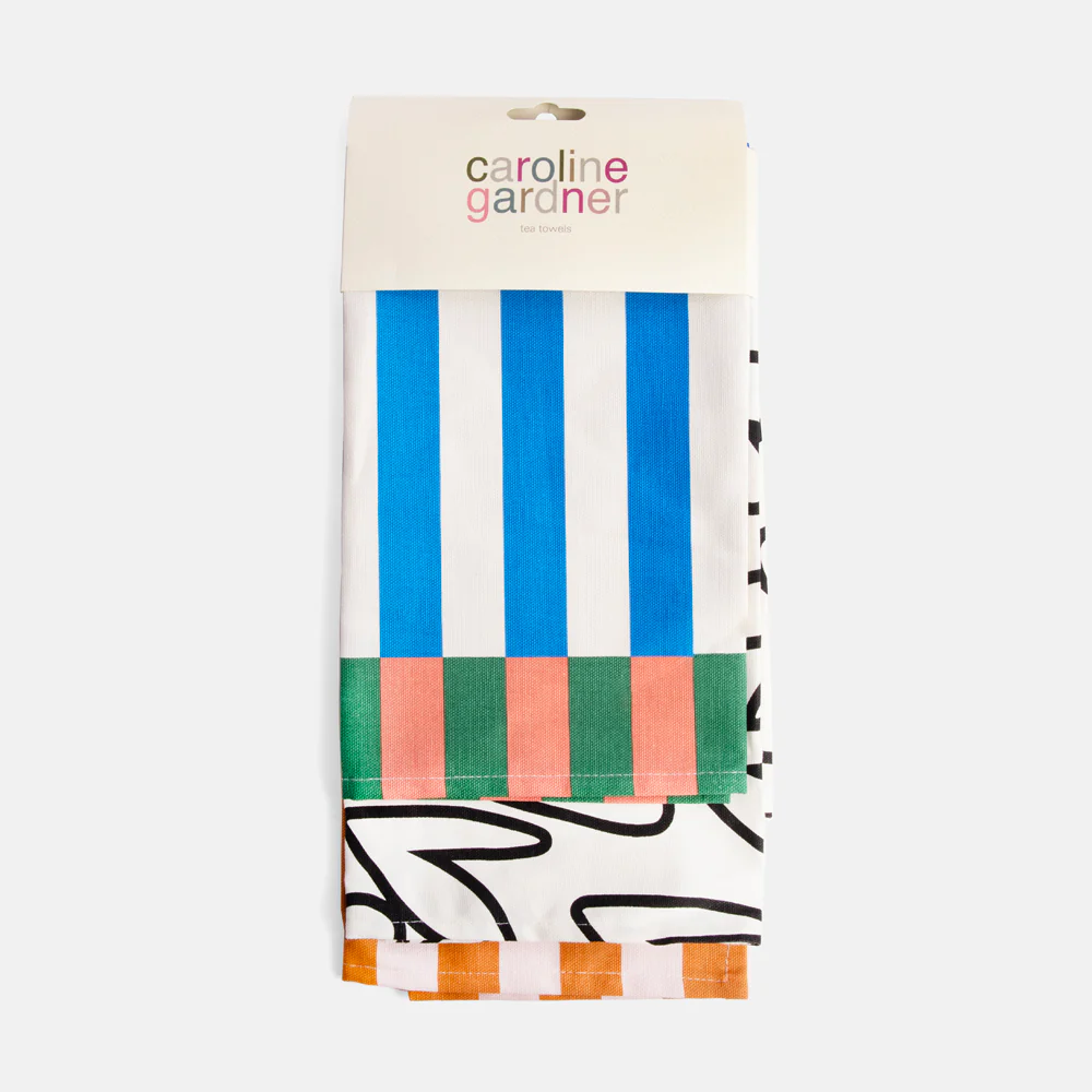 Multi Stripe/Mono Outline Hearts Set of 2 Tea Towels - 2