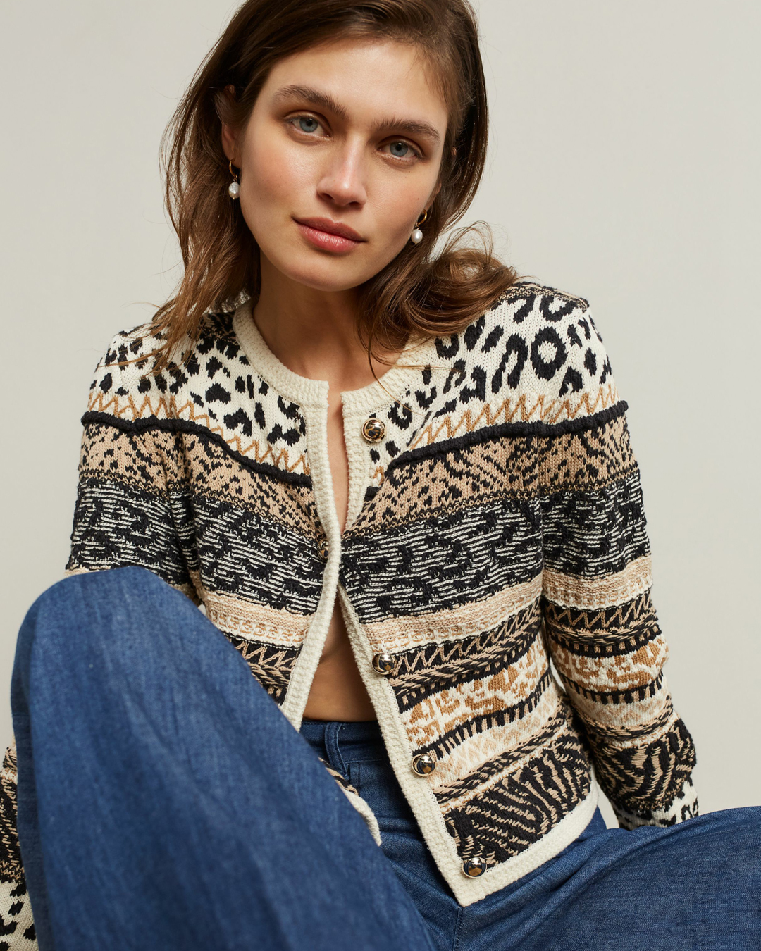 Bomullskofta mönstrad svart/beige/offwhite - 3