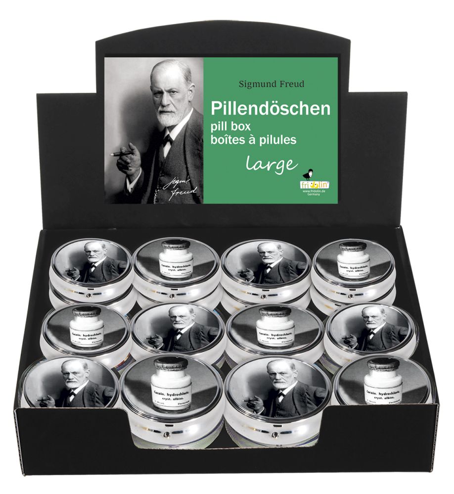Runde pilleæsker med spejl, stor, Sigmund Freud, Borddisplay med 24 stk. TEMA-produkt