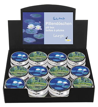 Runde pilleæsker med spejl, stor, Claude Monet, Borddisplay med 24 stk. TEMA-produkt