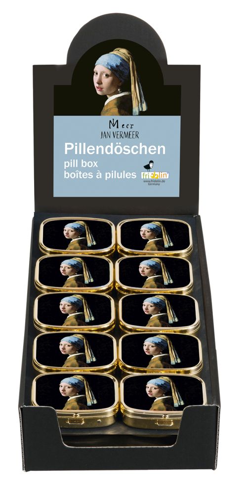 Pilleæsker med spejl, Vermeer, Flicka med pärlörhänge, Borddisplay med 30 stk., TEMA-produkt