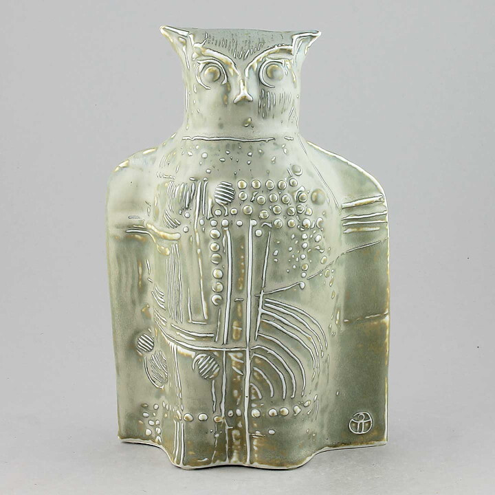 Bertil Vallien (Terra 1978) Gray Owl with Relief Decor 24 cm <Test Production>