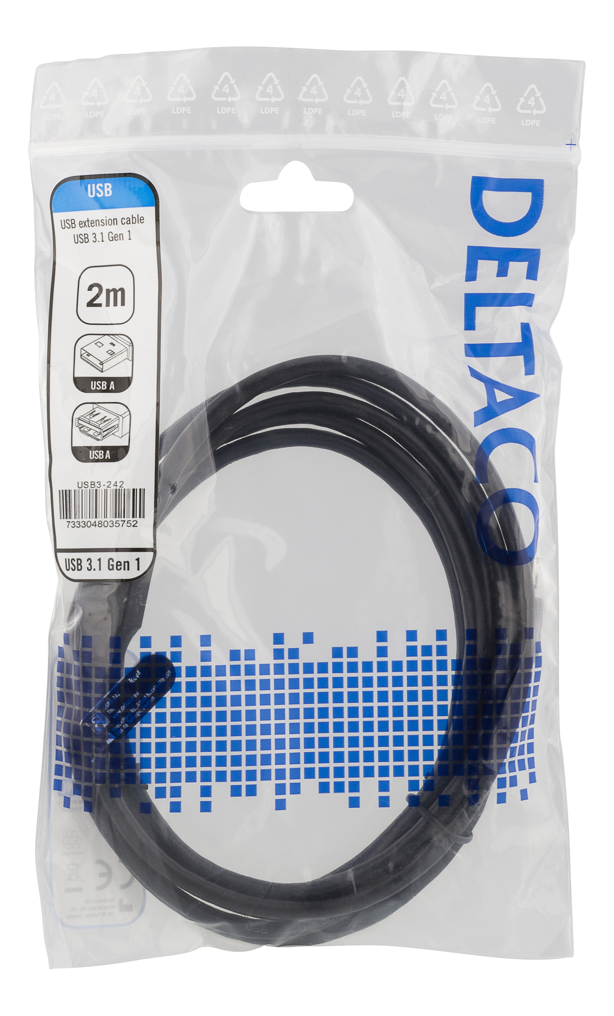 Deltaco USB 3.1 Gen1 Förlängningskabel, 2m, svart - 2