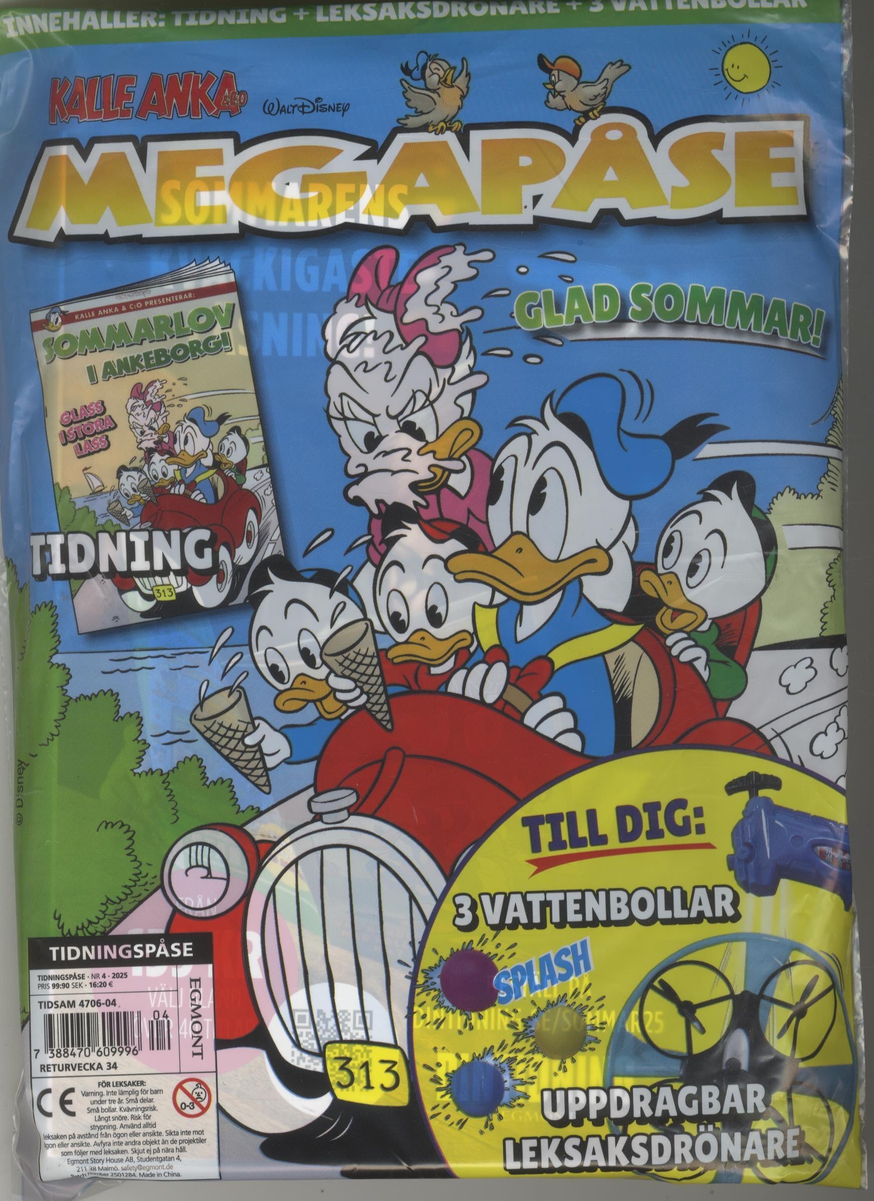 Tidningspåse nr 4 2025, Kalle Anka Megapåse, 3 vattenbollar, uppdragbar leksaksdrönare, Sommarlov i Ankeborg