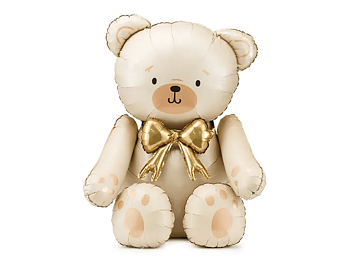 Stor sittande nalleballong i beige och guld till dop och babyshower