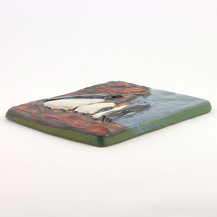 Willi Fischer (1960s) Rectangular Wall Plaque with Penguins Motif 22 cm