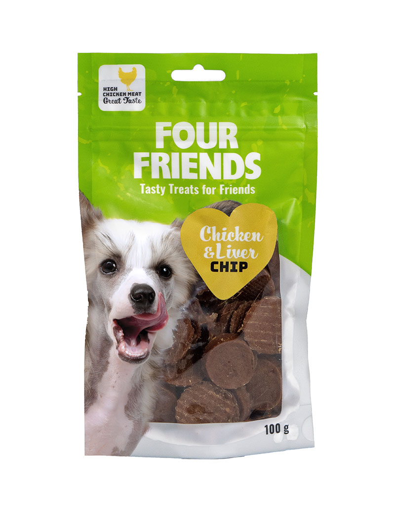 Four Friends Chicken & Liver Chip Hundgodis 100g — Köp 4, betala för 3
