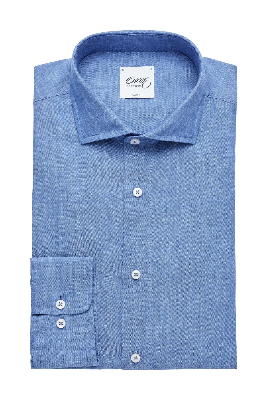 Mellanblå linneskjorta i Slim fit (Oscar of Sweden) (finns i strl 45)