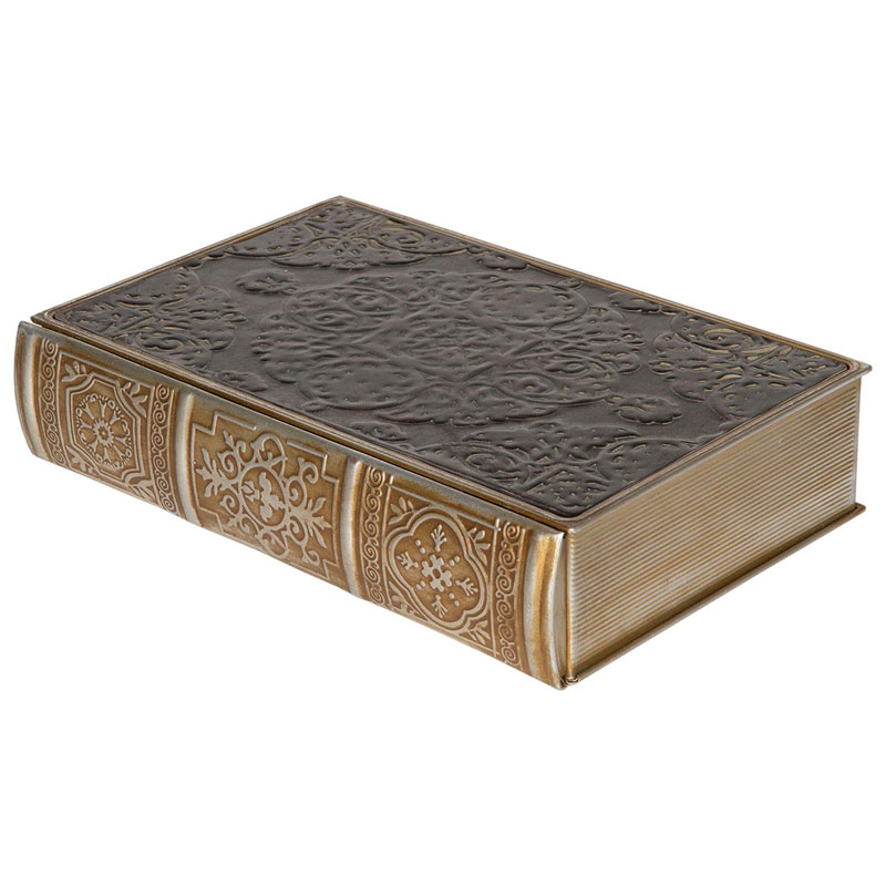 Boklåda antik bok bokgömma i metall emblem shabby chic lantlig stil