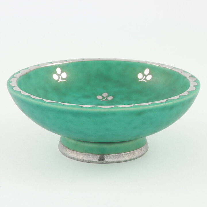 Wilhelm Kåge (Argenta 1959) Green Bowl with Silver Flower Decor 10 cm