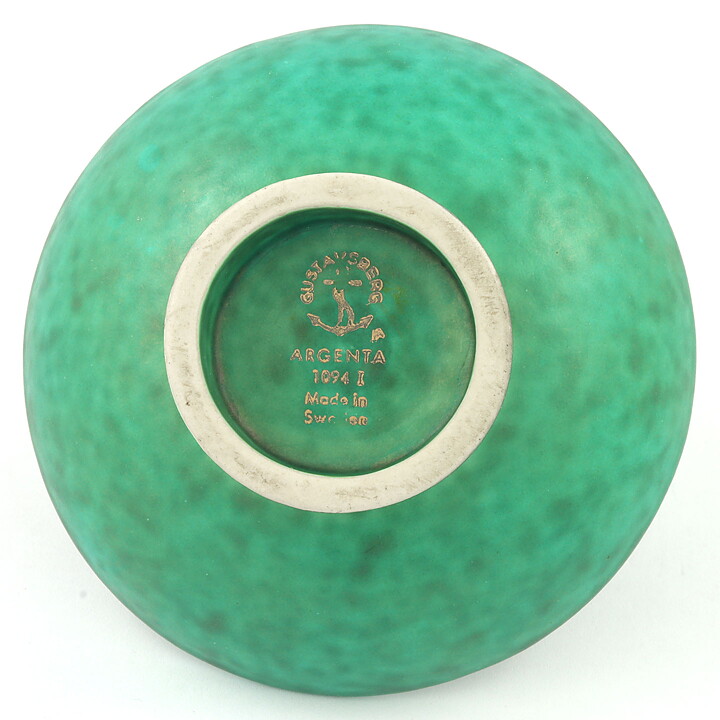Wilhelm Kåge (Argenta 1959) Green Bowl with Silver Flower Decor 10 cm (2)