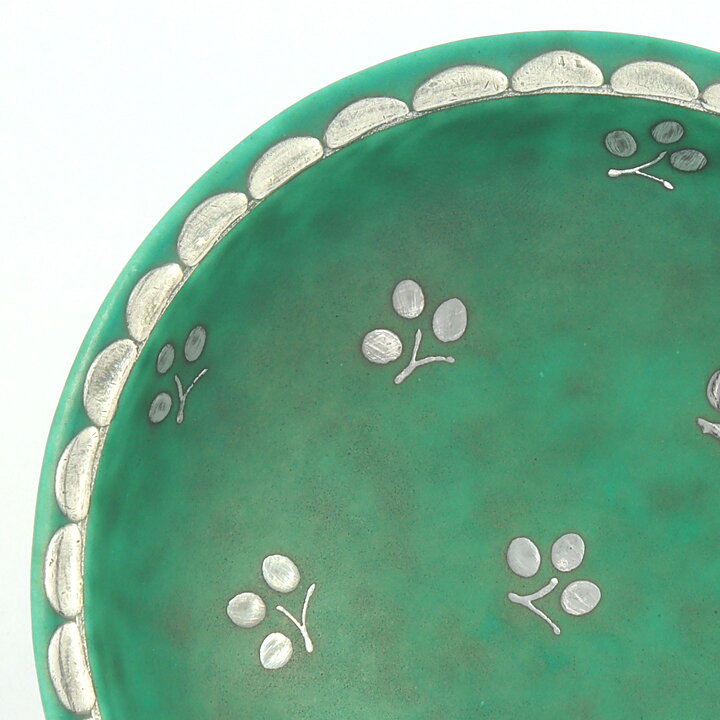 Wilhelm Kåge (Argenta 1959) Green Bowl with Silver Flower Decor 10 cm (2)