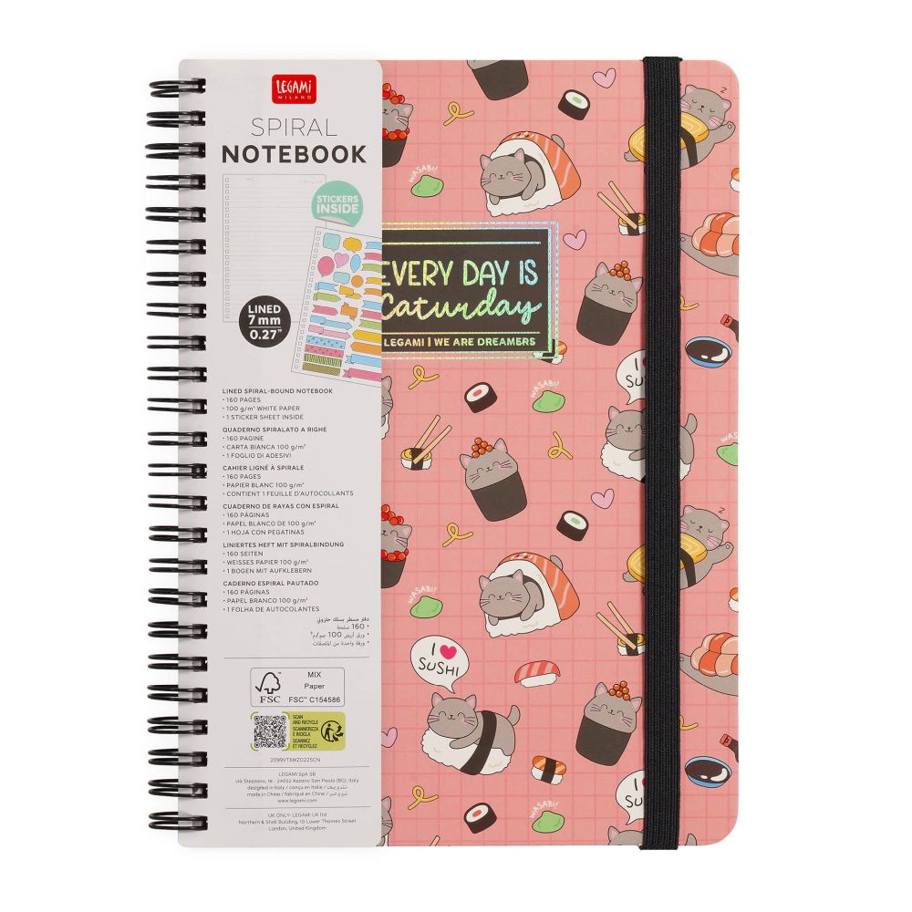 Spiralblock, Large, Linjerat, Sushi Cat. (A5NOTS0052) - 7
