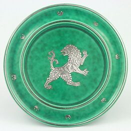 Wilhelm Kåge (Argenta 1954) Green Dish with Silver Lion Decor 17 cm