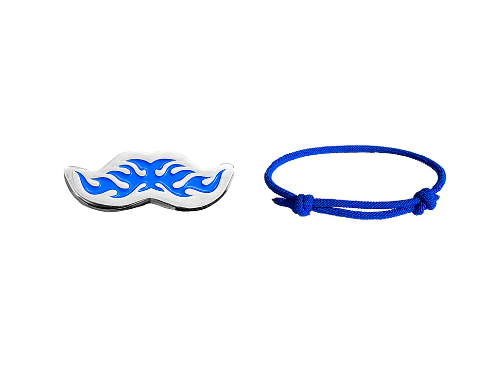 Limiterad mustachpin för 2025 och ett blått armband