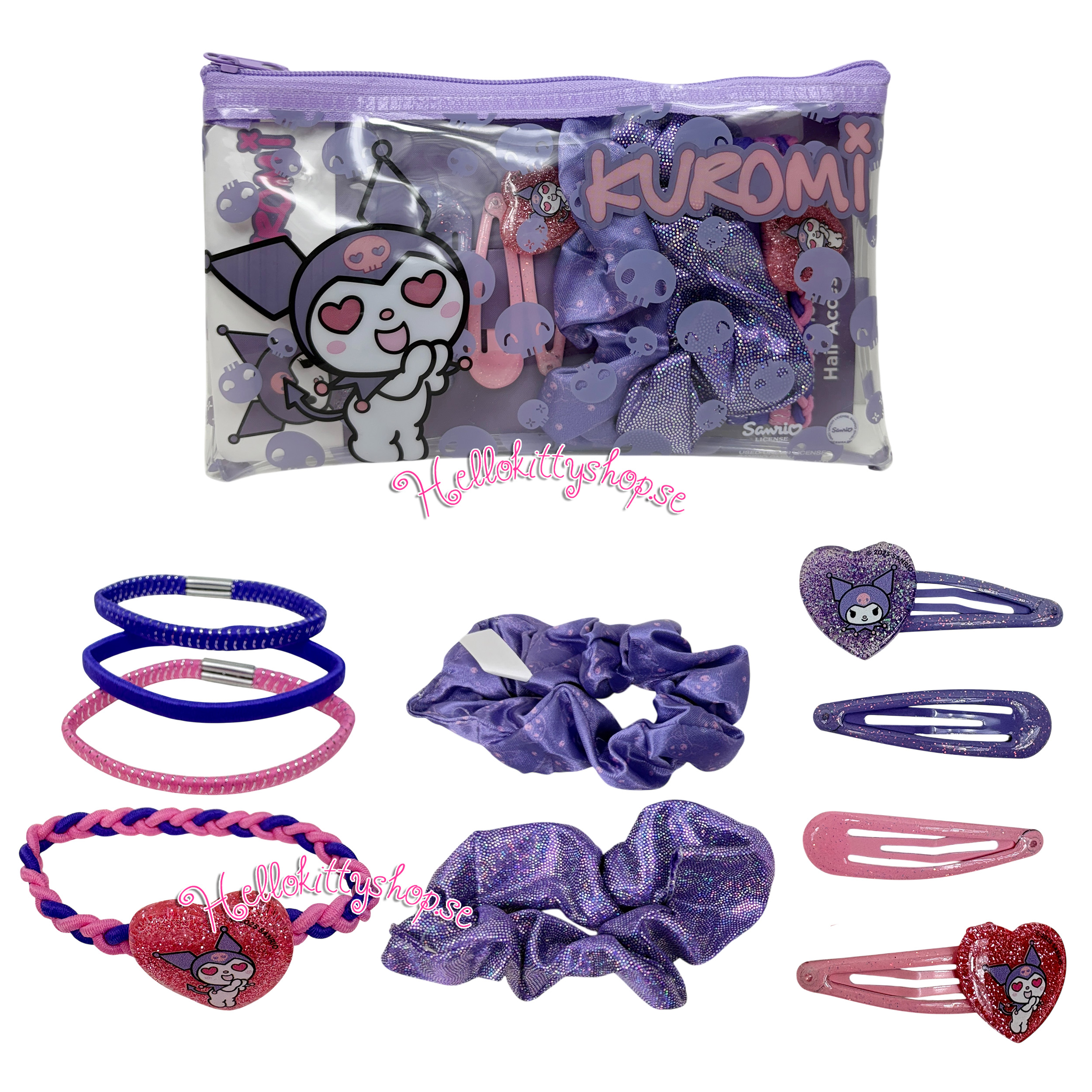 Kuromi Hår Accessoarer 11 pack - Hårspännen, Hårsnoddar, Fodral