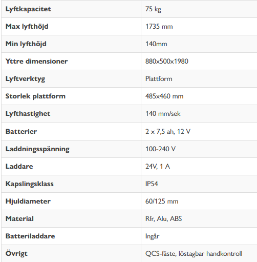 Rostfri lyftvagn Reflex 75, Maxlast: 75 kg / Lyfthöjd: 1735 mm / IP54 - 2