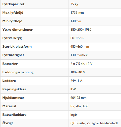 Vit lyftvagn Reflex 75, Maxlast: 75 kg / Lyfthöjd: 1735 mm - 2