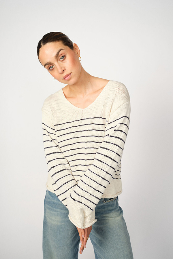 MMBine LS V-neck Stripe Knit Ecru - 6