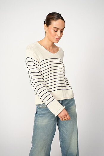 MMBine LS V-neck Stripe Knit Ecru