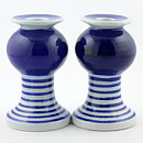 Lisa Larson (1997) Two Candleholders with Blue Decor 14 cm <Early Production>