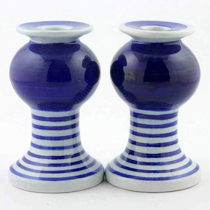 Lisa Larson (1997) Two Candleholders with Blue Decor 14 cm <Early Production>
